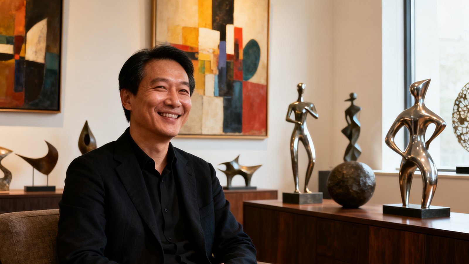 私人收藏家深度访谈配图，一位收藏家坐在摆满当代雕塑和画作的客厅中，面带微笑地分享自己的收藏心路历程。